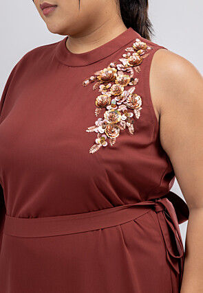 Embroidered Crepe Maxi Dress in Rust