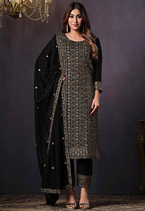 Embroidered Crepe Pakistani Suit in Black