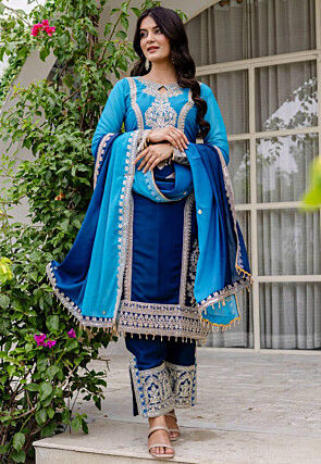 Embroidered Crepe Pakistani Suit in Blue Ombre