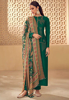 Embroidered Crepe Pakistani Suit in Dark Green