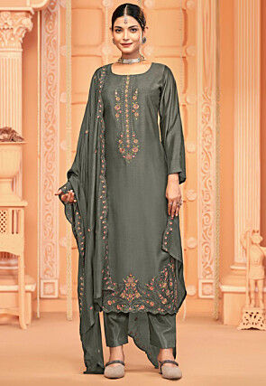 Embroidered Crepe Pakistani Suit in Dark Grey