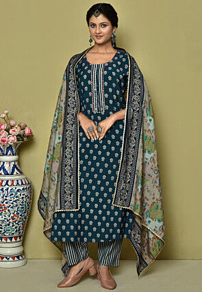 Embroidered Crepe Pakistani Suit in Dark Teal Blue