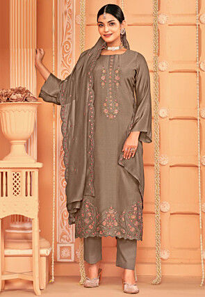 Embroidered Crepe Pakistani Suit in Grey