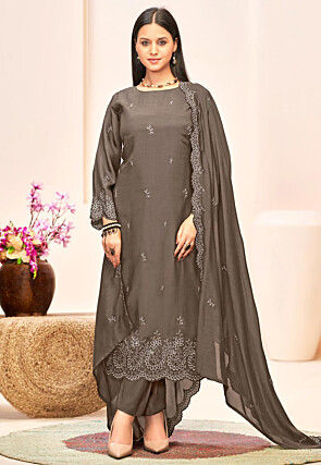 Embroidered Crepe Pakistani Suit in Grey
