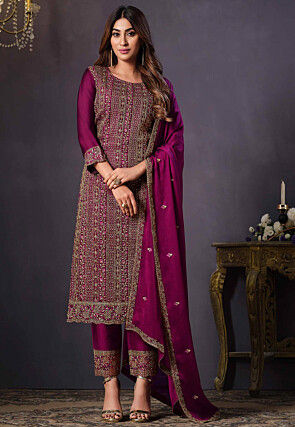 Embroidered Crepe Pakistani Suit in Magenta