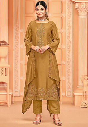 Embroidered Crepe Pakistani Suit in Mustard