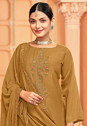 Embroidered Crepe Pakistani Suit in Mustard