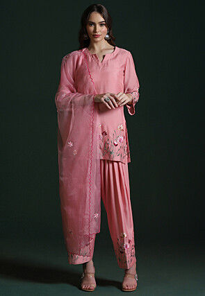Embroidered Crepe Pakistani Suit in Peach Pink