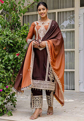 Embroidered Crepe Pakistani Suit in Shaded Wine and Orange