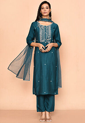 Embroidered Crepe Pakistani Suit in Teal Blue