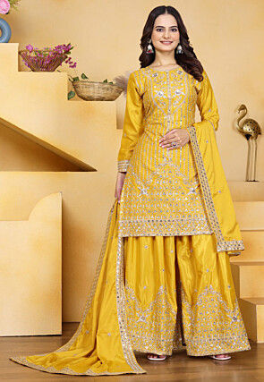 Embroidered Crepe Pakistani Suit in Yellow