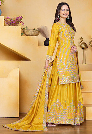 Embroidered Crepe Pakistani Suit in Yellow