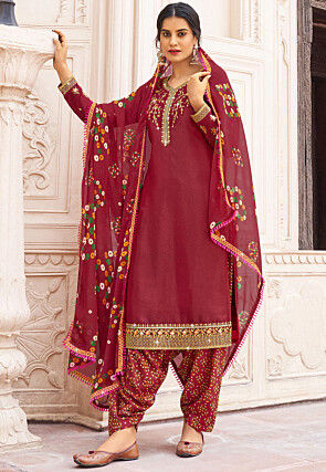 Embroidered Crepe Punjabi Suit in Red