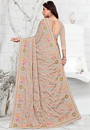 Embroidered Crepe Saree in Beige