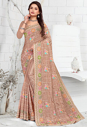 Embroidered Crepe Saree in Brown