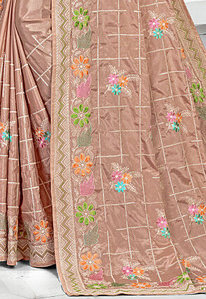 Embroidered Crepe Saree in Brown