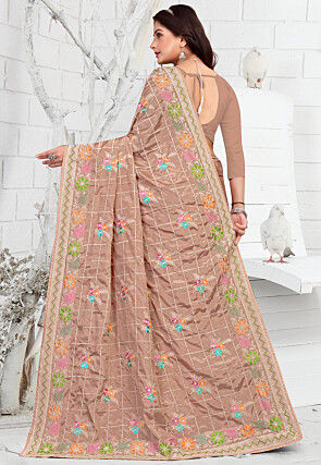 Embroidered Crepe Saree in Brown
