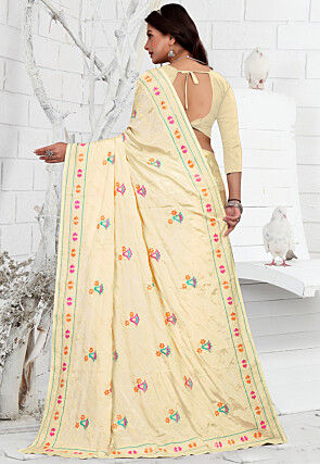 Embroidered Crepe Saree in Cream