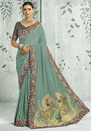 Embroidered Crepe Saree in Dusty Green
