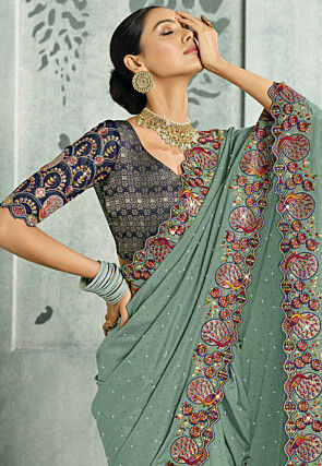 Embroidered Crepe Saree in Dusty Green