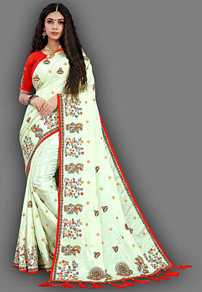 Embroidered Crepe Saree in Light Green