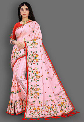 Embroidered Crepe Saree in Light Pink