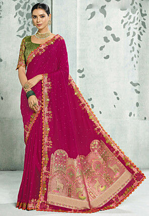 Embroidered Crepe Saree in Magenta