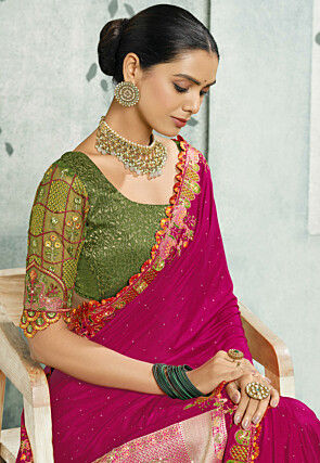 Embroidered Crepe Saree in Magenta