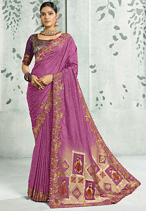 Embroidered Crepe Saree in Purple