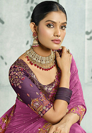 Embroidered Crepe Saree in Purple