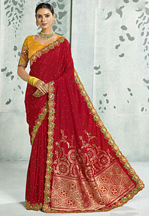 Embroidered Crepe Saree in Red