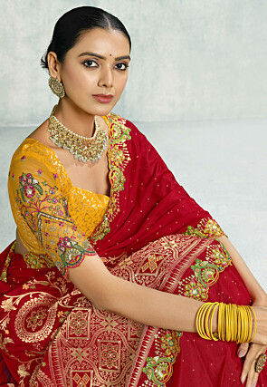 Embroidered Crepe Saree in Red