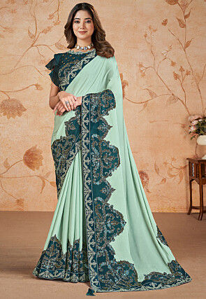 Embroidered Crepe Saree in Sea Green