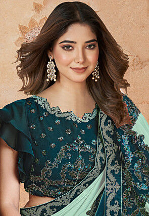 Embroidered Crepe Saree in Sea Green