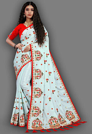 Embroidered Crepe Saree in Sky Blue