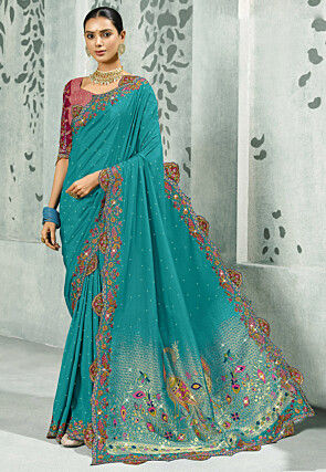 Embroidered Crepe Saree in Teal Blue