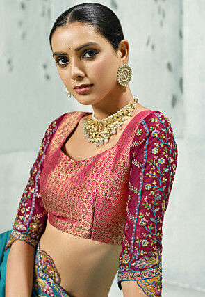 Embroidered Crepe Saree in Teal Blue