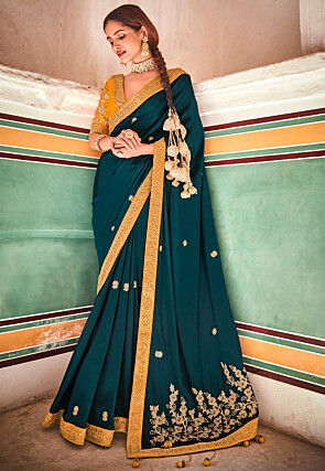 Embroidered Crepe Saree in Teal Green