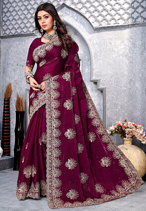 Embroidered Crepe Saree in Wine