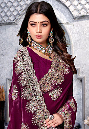 Embroidered Crepe Saree in Wine