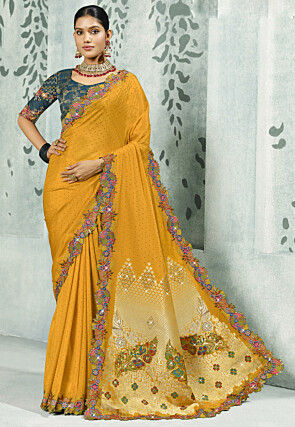 Embroidered Crepe Saree in Yellow