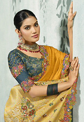 Embroidered Crepe Saree in Yellow
