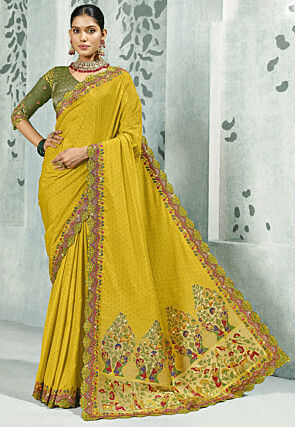Embroidered Crepe Saree in Yellow