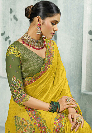 Embroidered Crepe Saree in Yellow