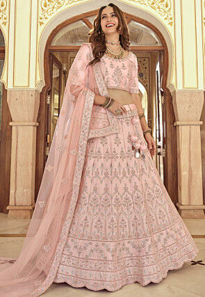 Embroidered Crepe Scalloped Lehenga in Baby Pink