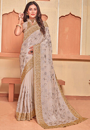 Embroidered Crepe Scalloped Saree in Beige