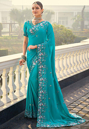 Embroidered Crepe Scalloped Saree in Blue