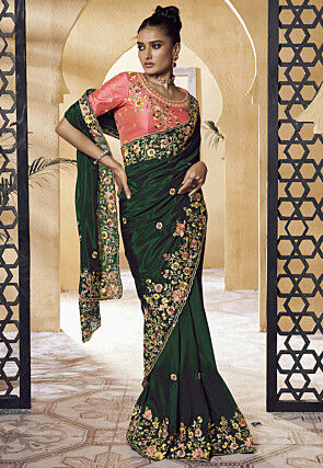 Embroidered Crepe Scalloped Saree in Dark Green