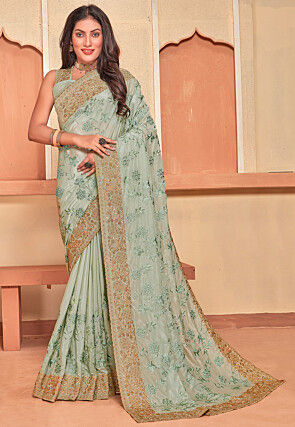 Embroidered Crepe Scalloped Saree in Dusty Green