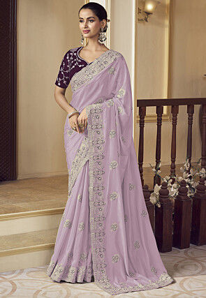 Embroidered Crepe Scalloped Saree in Light Purple